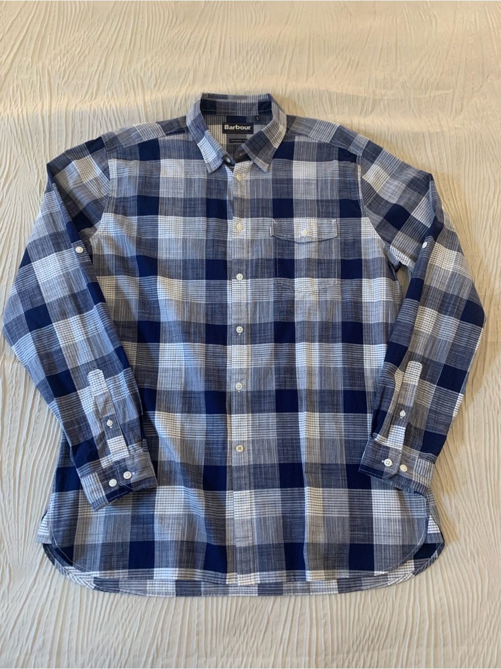 Barbour “Pier Shirt” Lightweight Blue Plaid Cotton Button Down Shirt, size Large